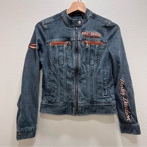 Harley Davidson Women’s Y2K Vintage Jean Jacket XS Embroidered Patch Full Zip